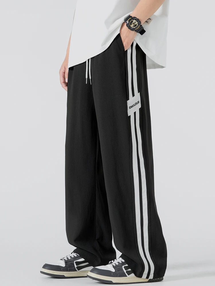 

Повседневные прямые брюки со шнурком, свободные мужские брюки, универсальные длинные брюки с полосатым узором для подростков