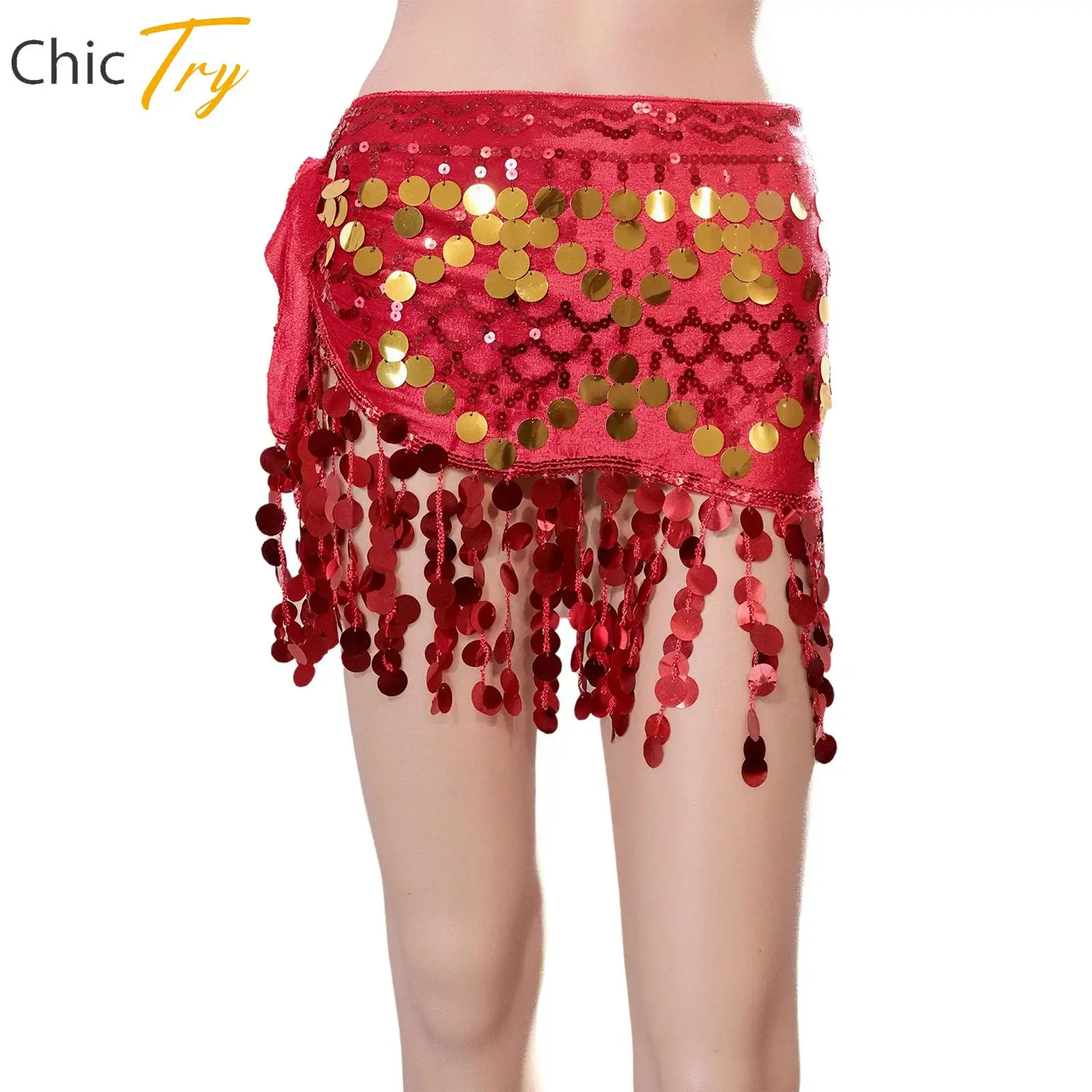 

Womens Carnival Belly Dance Hip Scarf Cosplay Round Sequin Tassel Lace-up Waist Skirt Hip Wrap Dancewear for Dance Class Party