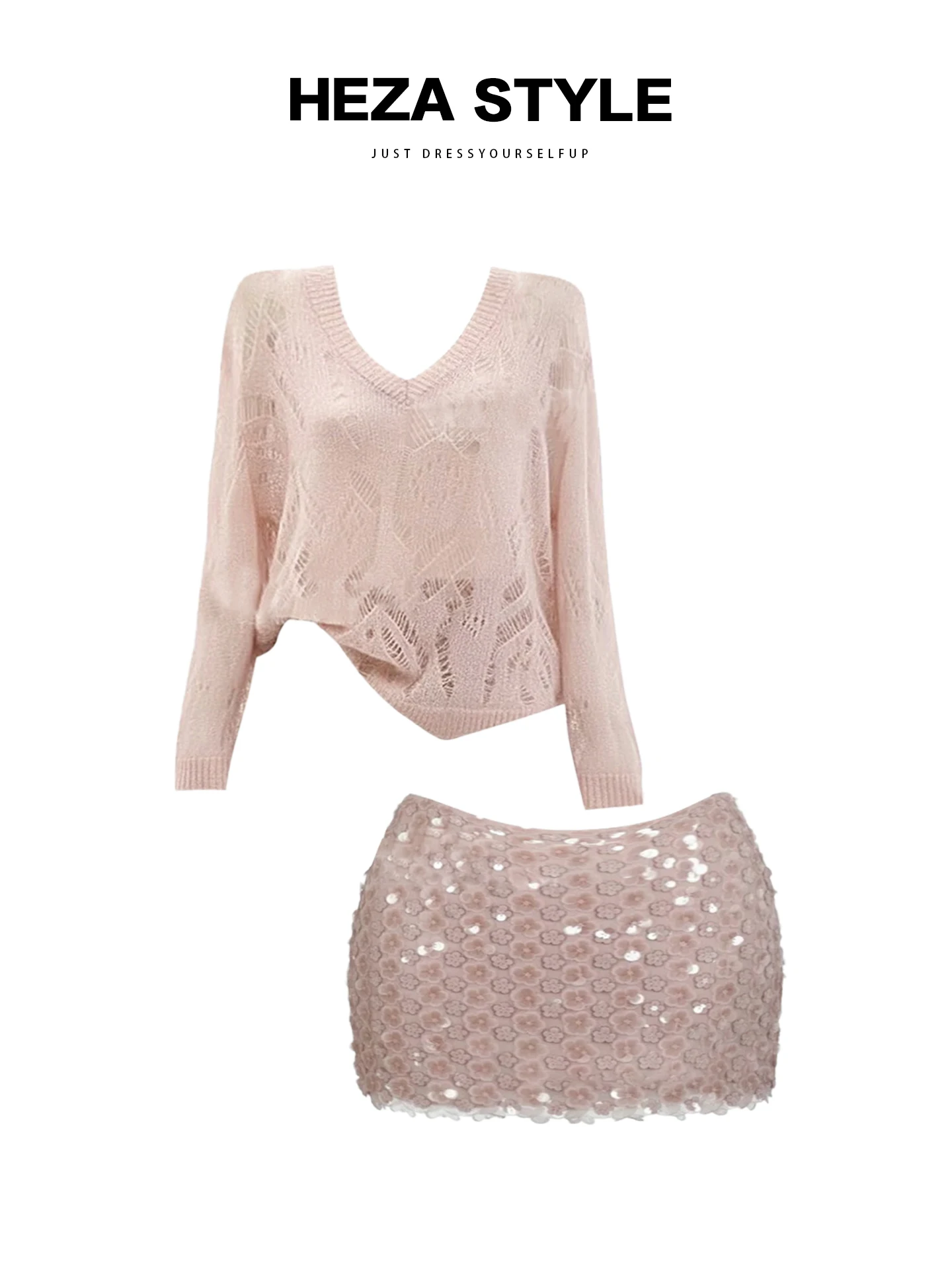 

HEZA корейский комплект с v-образным вырезом, вязаный топ и юбка, женский комплект больших размеров, яркая облегающая юбка с пайетками, осенняя мода