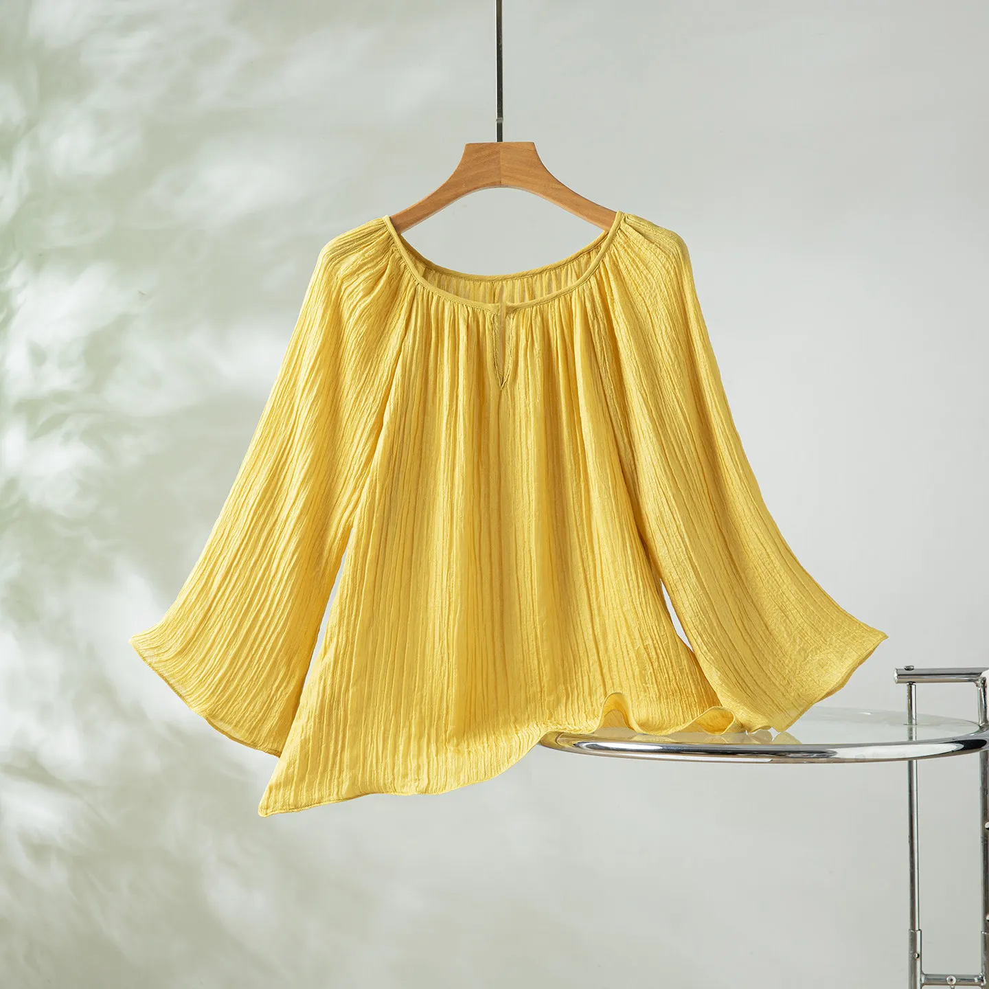 Winsleter-100%Real Silk Elegant T-Shirt, Flare Sleeve Folds Solid, Women Age Reduction Casual Loose Top, 2026 Summer T66172CC