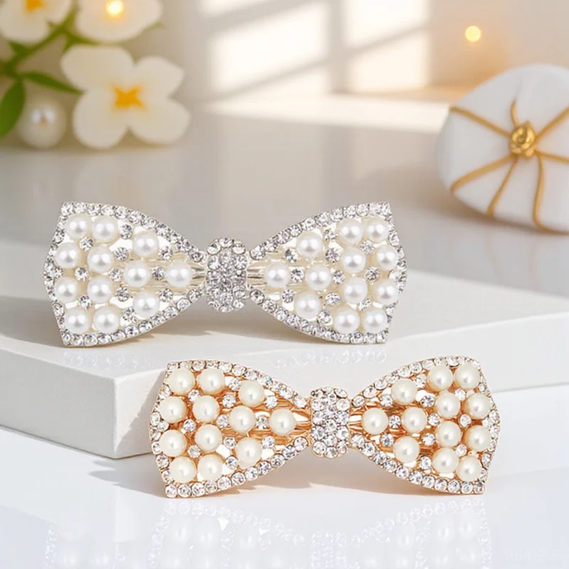 

2 шт., заколка для волос с жемчужным бантом и стразами, заколки для волос для женщин и детей, заколки для девочек, свадебные аксессуары, заколки для укладки