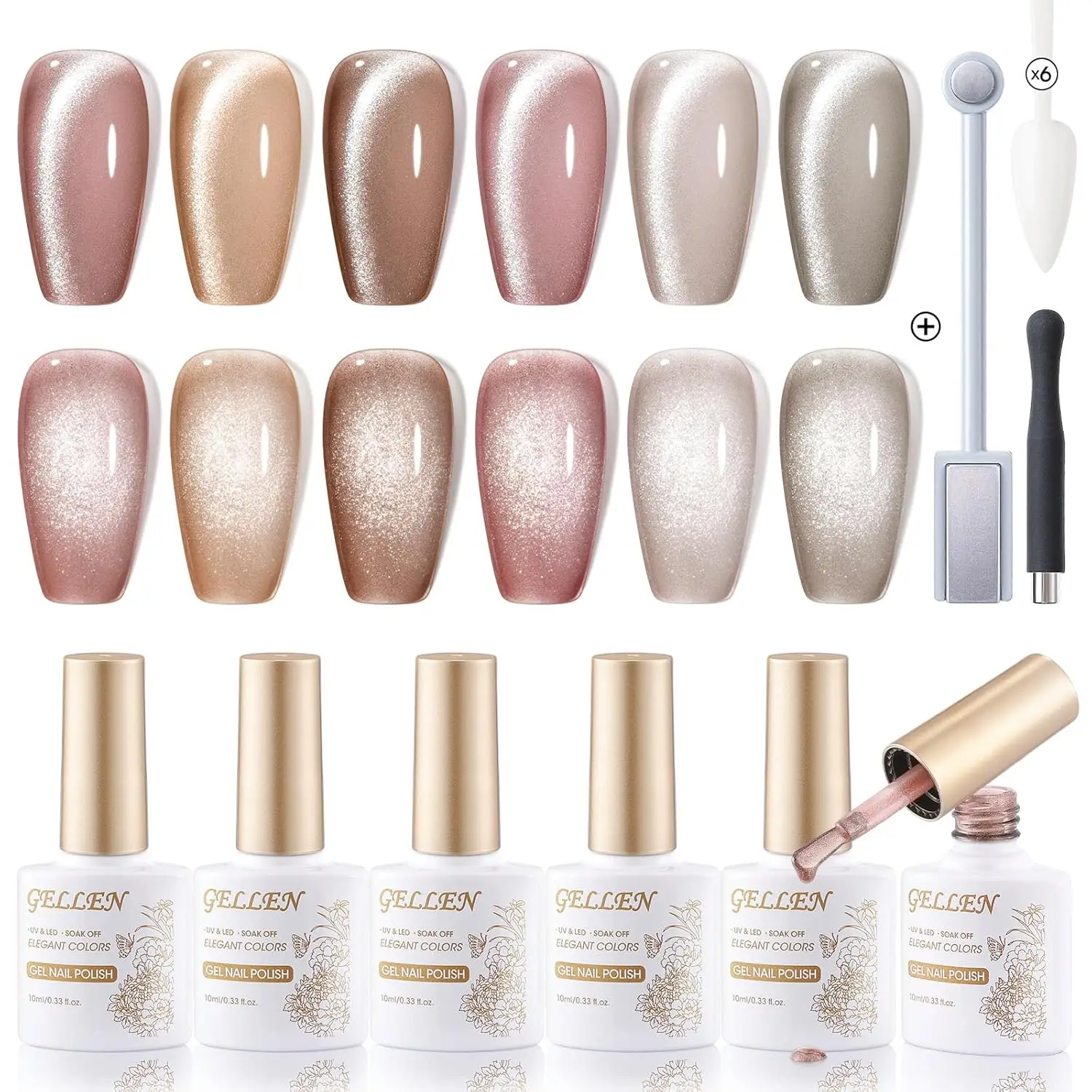 

GELLEN Nail Gel Polish 10ml Glitter Cat Eye Magnet Sets Pink Brown Milky White 6pcs Soak off Women Beauty Christmas Gifts