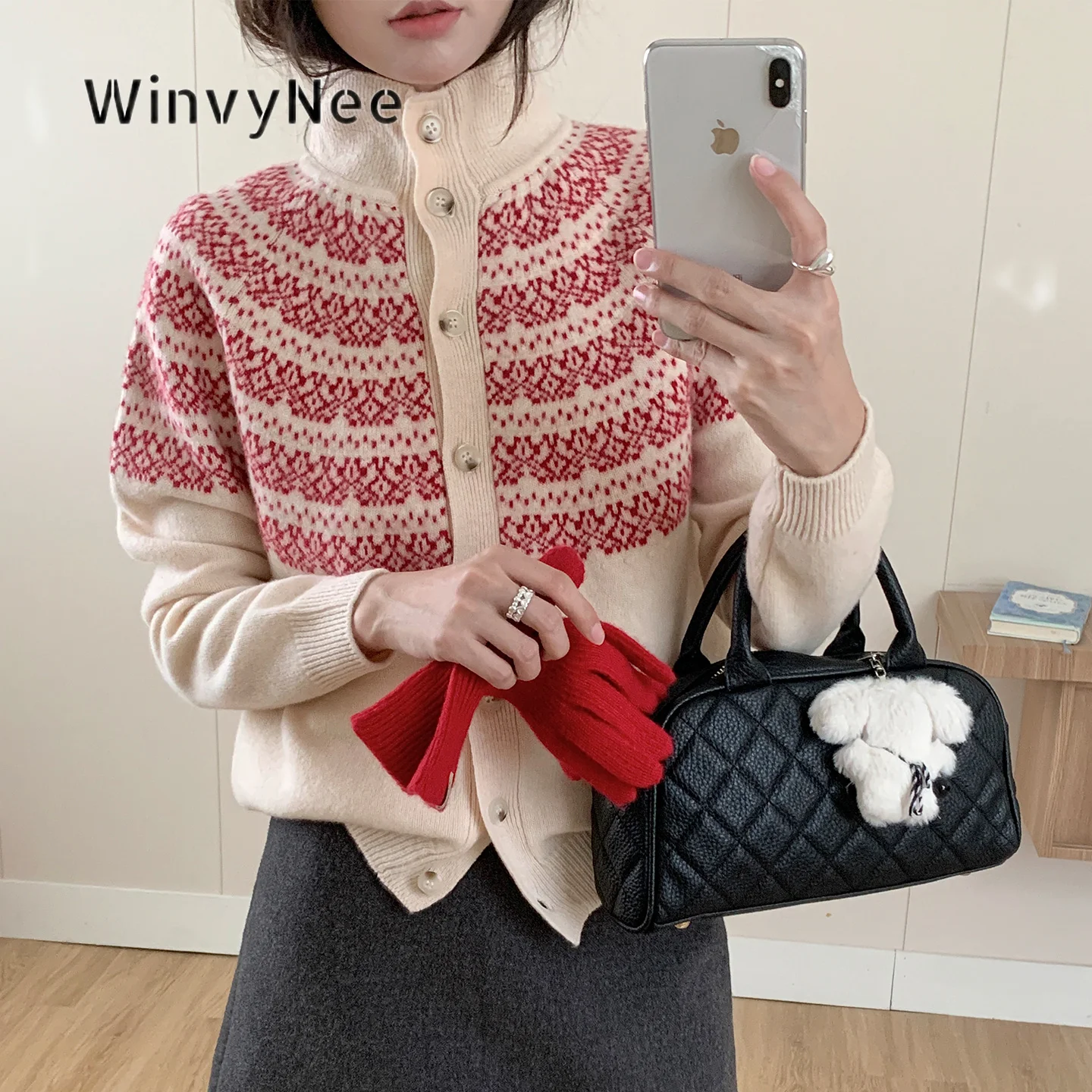 WinvyNee Women Jacquard Knitted Cardigan 100% Wool Stand Collar Long Sleeve Sweater Autumn Stylish Warm Knitwear Outfit B1523092