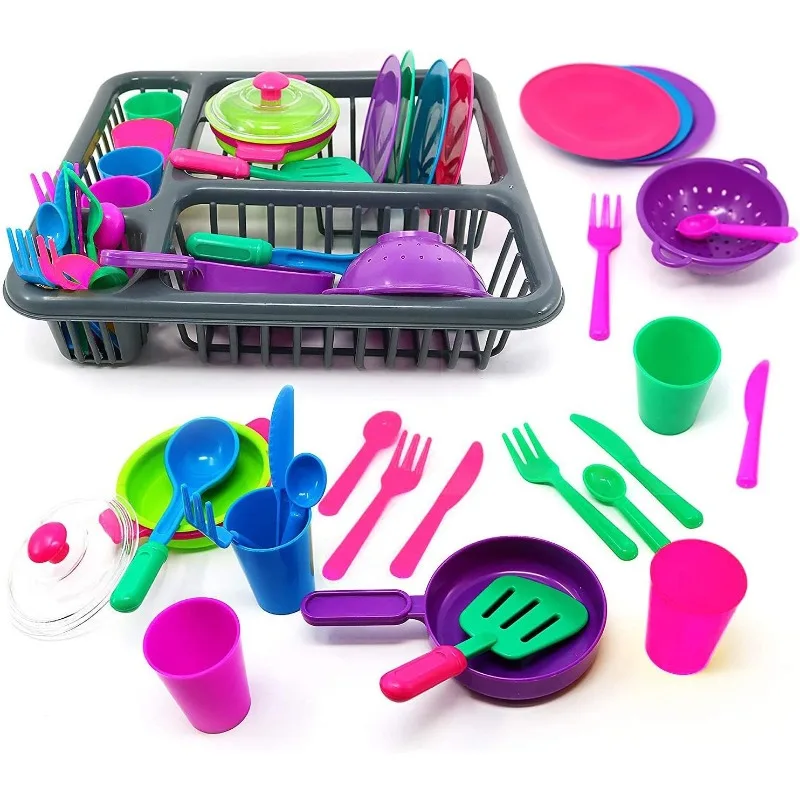 

Kids Play Dishes Pretend Play Kitchen Set Tableware Dishes Playset with Drainer Kitchen Accessories Christmas Gift for Girl Boy