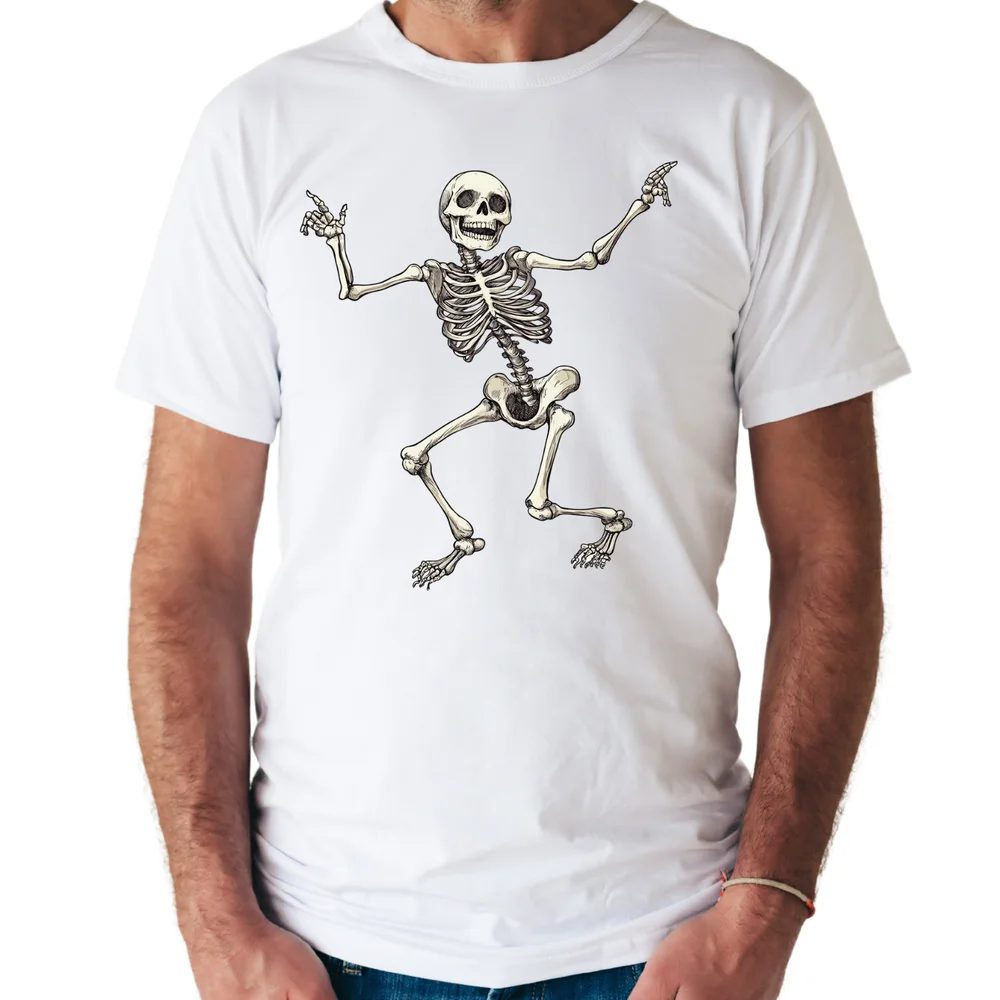 T-shirt unisex Happy Skeleton, maglietta scheletro di Halloween, bianca, nera, grigia