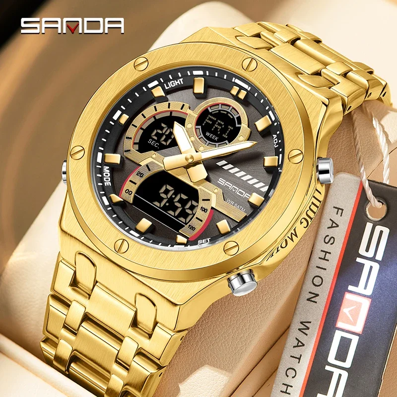 SANDA New Fashion Men Quartz Watch Stainless Steel Multifunction Dual Display Watch LED Luminous Waterproof Men's Digital Watch