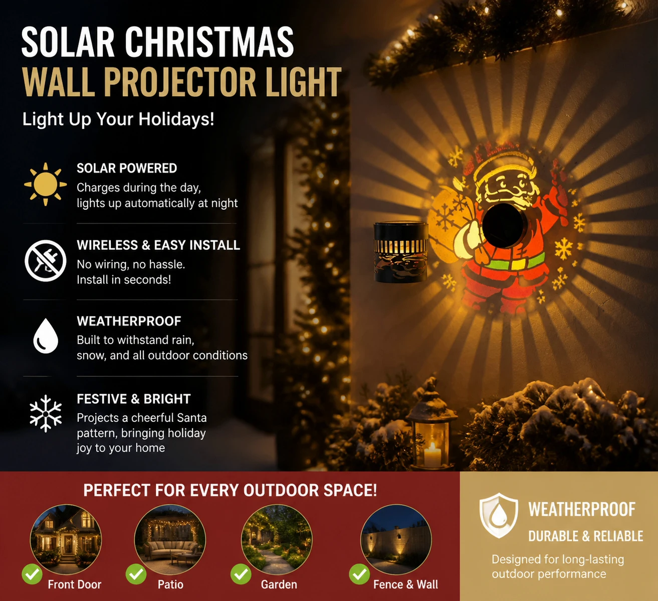 Solar Outdoor Wall Light Santa Claus Projection Lamp Christmas Iron Art Garden Decorative Wall Lamp for Yard Courtyard Xmas Gift