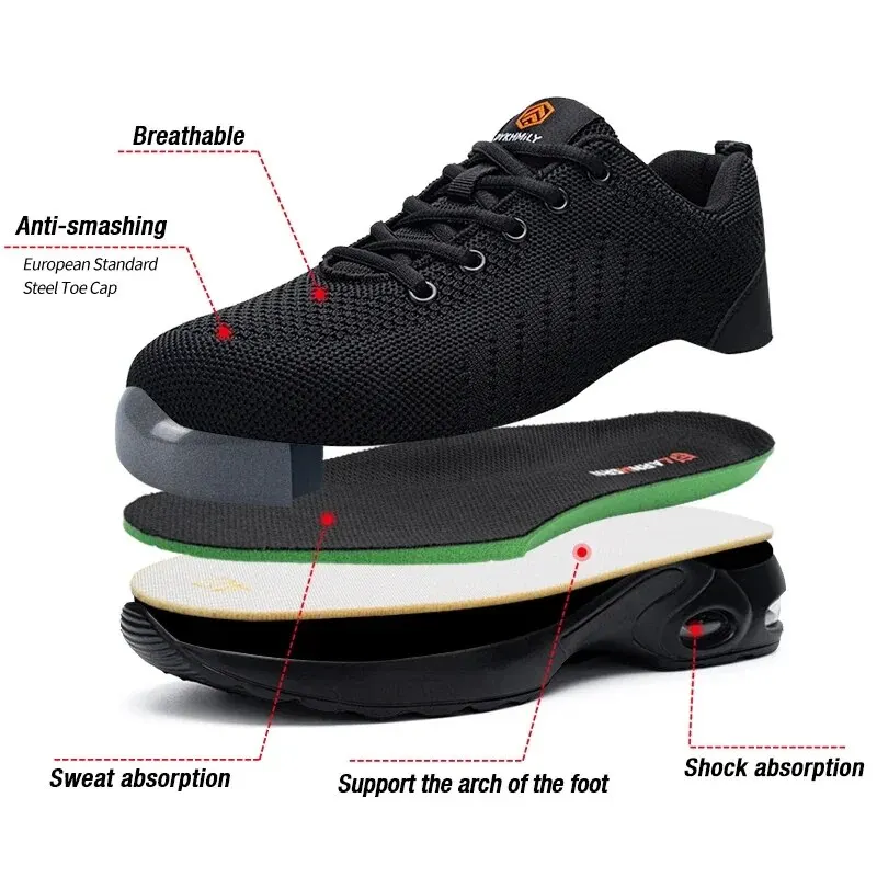 LARNMERN Safety Shoes for Women Slip Resistant Steel Toe Shoes Breathable Air Cushion Work Sneakers