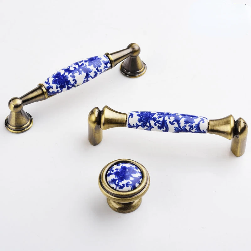 Blue and White Porcelain Ceramic Kitchen Cabinets Handles Solid Single Hole Drawers Knob Zinc Alloy Wardrobes Door Pulls Handles