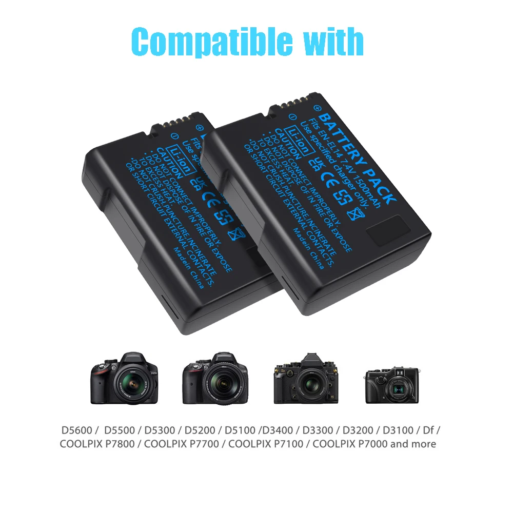 7.4V 1200mAh EN-EL14 Batteries ENEL14 EN EL14 Camera Battery Pack For Nikon D5200 D3100 D3200 D5100 P7000 P7100 MH-24