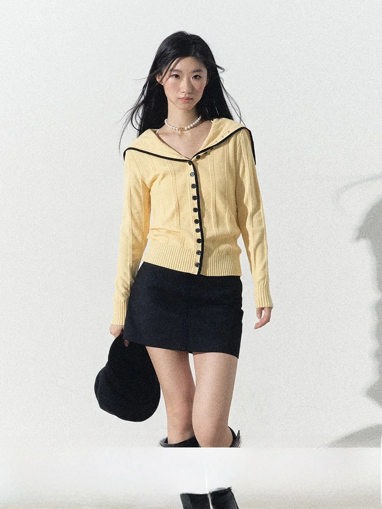 

Romantic Escape Navy Collar Knitted Open Cardigan Women's Sle Autumn New Yellow Contrast Color Sweater Soft Comfortable Fit