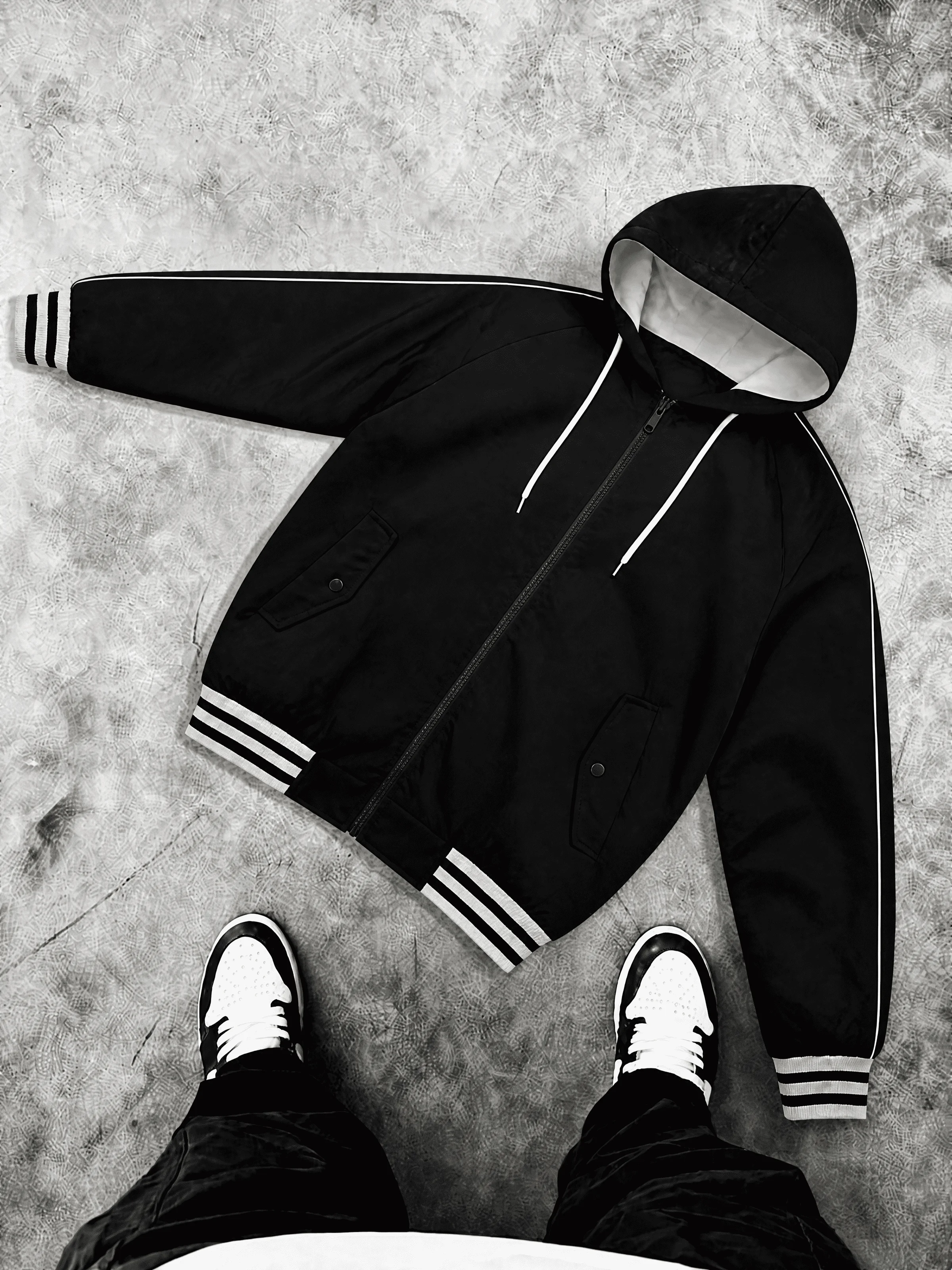 Men's Minimal Striped Rib Trim Hooded Baseball Bomber Windbreaker, Oversized Loose Full Zip Casual Outer Coat, Side White Piping Drawstring Hood Button Pockets, Solid Color Jacket For Daily Casual Wear