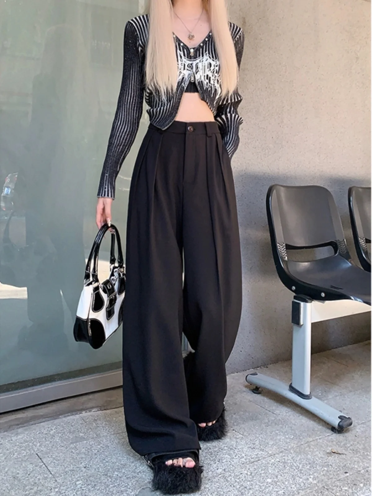 Office Suit Pants For Women In Autumn 2024, New High Waisted Slimming Coffee Colored Casual Wide Leg Pants