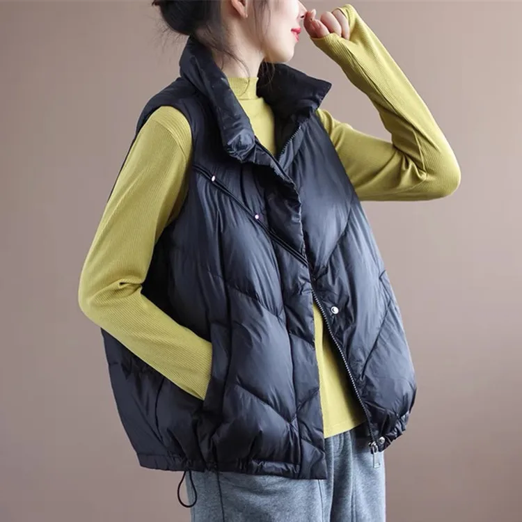 

Spring and Autumn Winter New Chinese Style White Duck Down Short Down Jacket Shoulder Jacket Sleeveless Vest for Women