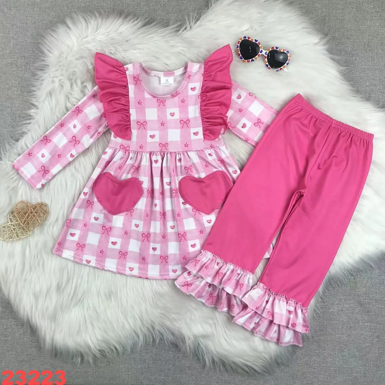 2025 Pink Valentines Day Love Girl Baby Dress and Pants Set 2 Pieces Pure Cotton Romantic Childrens Girls Clothes