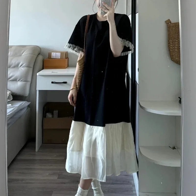 الصيف رقيقة سوداء قصيرة الأكمام تي شيرت اللباس لصق تنورة طويلة للنساء طبطب جولة الرقبة الكاحل طول ثوب مسائي #2