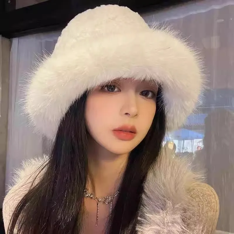 2024 Winter Hat for Women Faux Fur Fluffy Bucket Hats for Female Luxury Plush Thicken Snow Fur Bucket Hat Soft Panama Cap