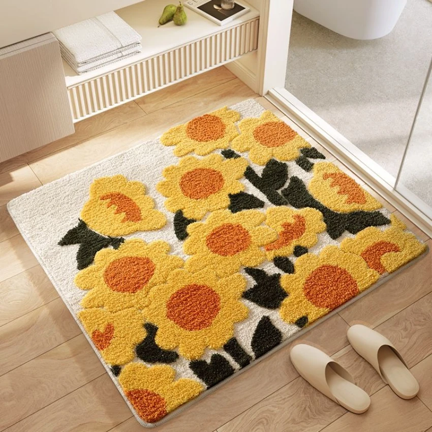 Spanish Style Bathroom Floor Mat Bedroom Kitchen Thickened Absorbent Foot Rug Toilet Non Slip Carpet Floral Imitation Cashmere