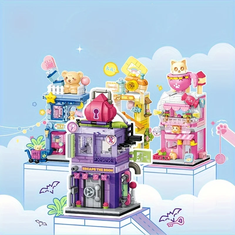 4 Styles Cute Street View Building Blocks, Kid\'s Birthday Gifts, Creative Cartoon Coffee Shop Retail Store Model Mini Bricks