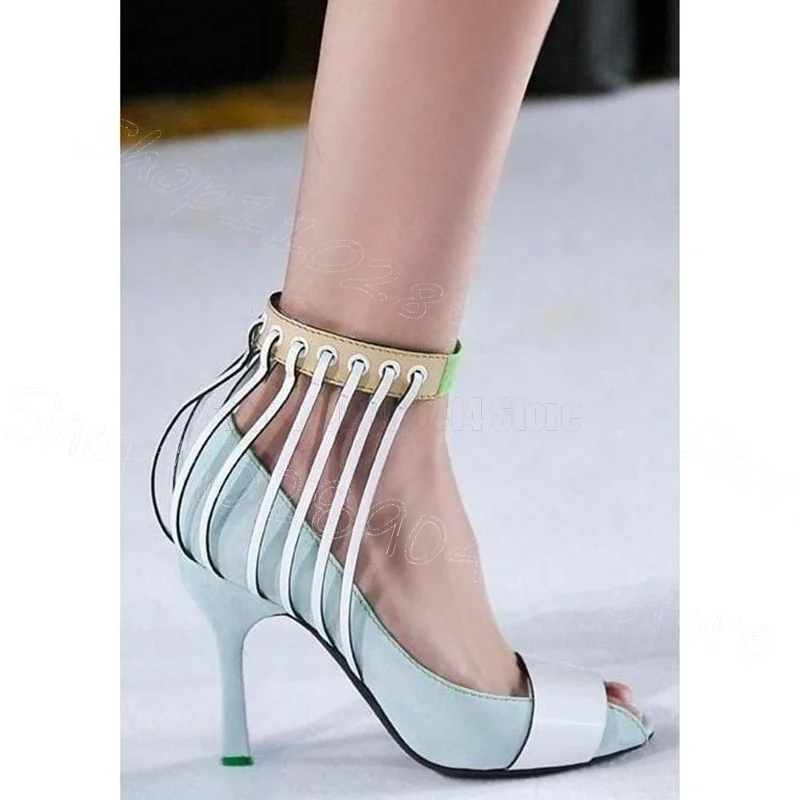 

Sky Blue Hollow Strappy Peep Toe Sandals Buckle Strap Women Shoes Thin High Heels Party Dating Runway 2025 Zapatos Para Mujere
