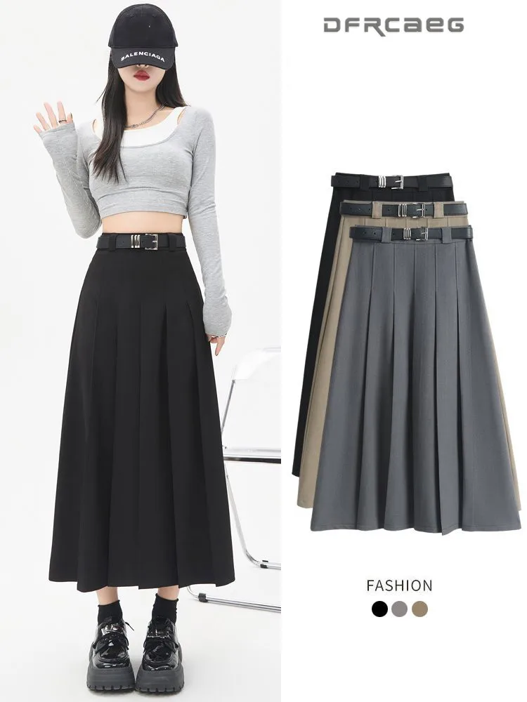 

Spring Autumn Suit Fabric Women Midi Skirt With Belt High Waist Gray Loose Office OL Pleated Skirts Lady