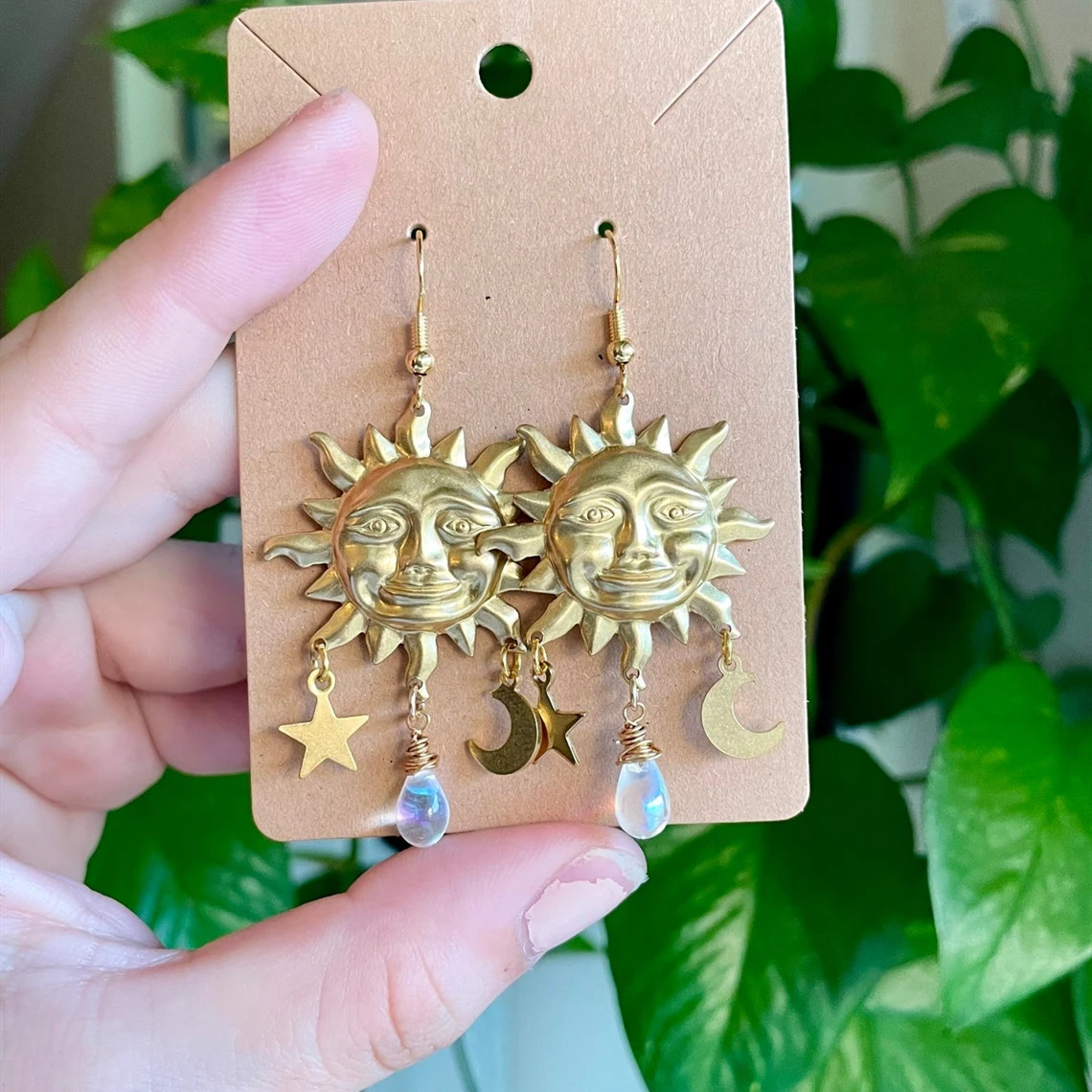 

Celestial Crystal Iridescent Bead Sun & Moon Charm Earrings Fairy Hippie Witchy, Solar System, Boho Gift,
