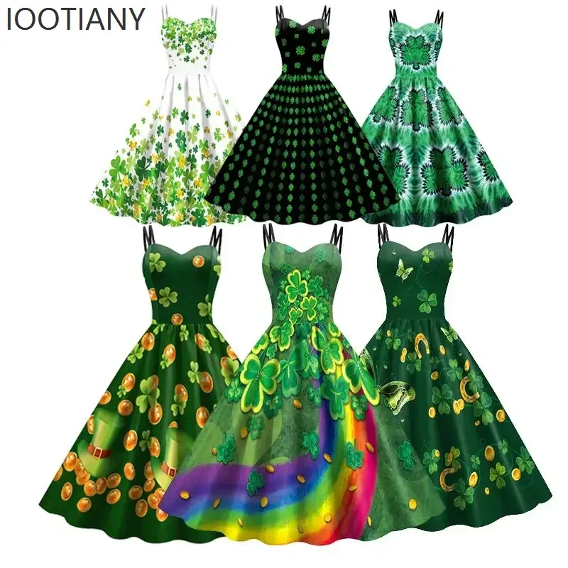 

CosplayNew St. Patrick's Day Women's Green Digital Printed Suspender Dress Holiday Cosplay Costume Sleeveless Sexy Suspender Dre