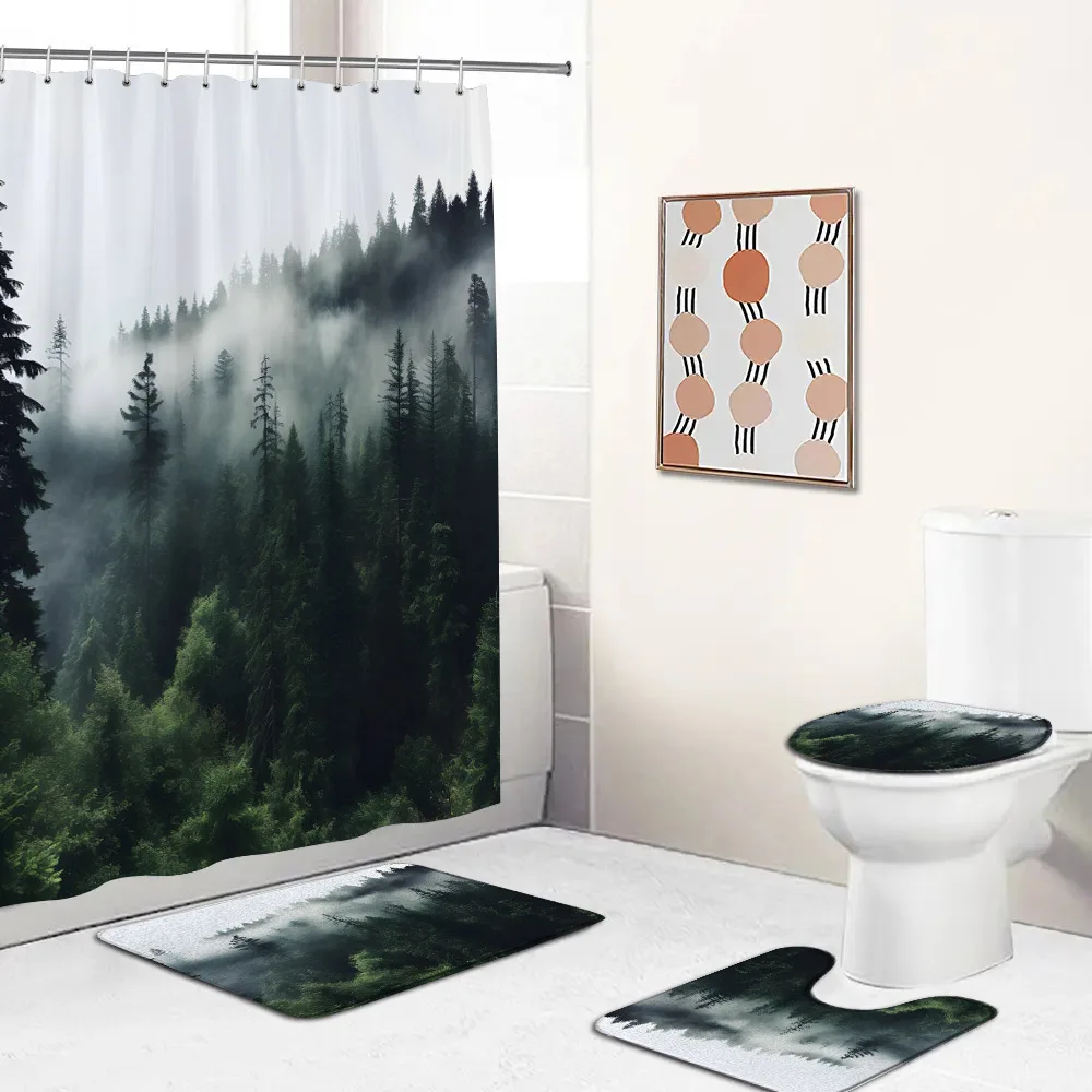 Foggy Forest Nature Shower Curtain Set Misty Woodland Tree Cloud Landscape Bathroom Decor Bath Mat Home Carpet Toilet Lid Cover