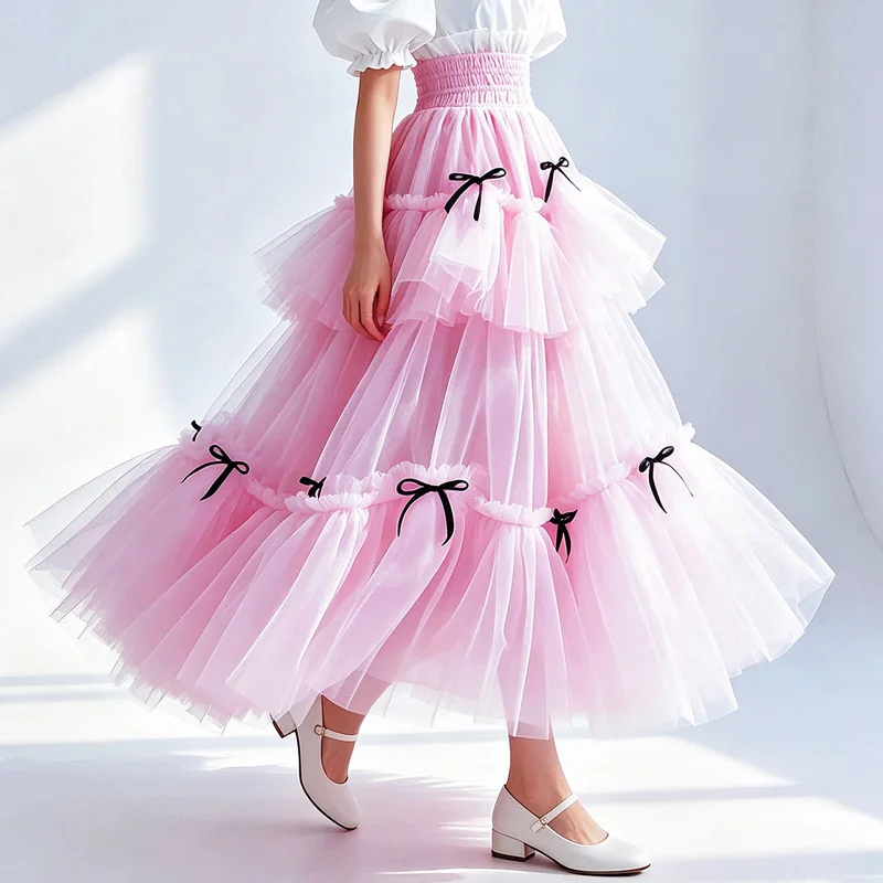 2026 Plus Size Stage Performance party Pleated Big hem long skirt  Wedding pink mesh cake bow fluffy half skirt fairy skirt