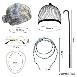 Pesenar Old Lady Cosplay Wig Set Hat Glasses Glasses Traction Chain Pearl Necklace Earrings Bracelet