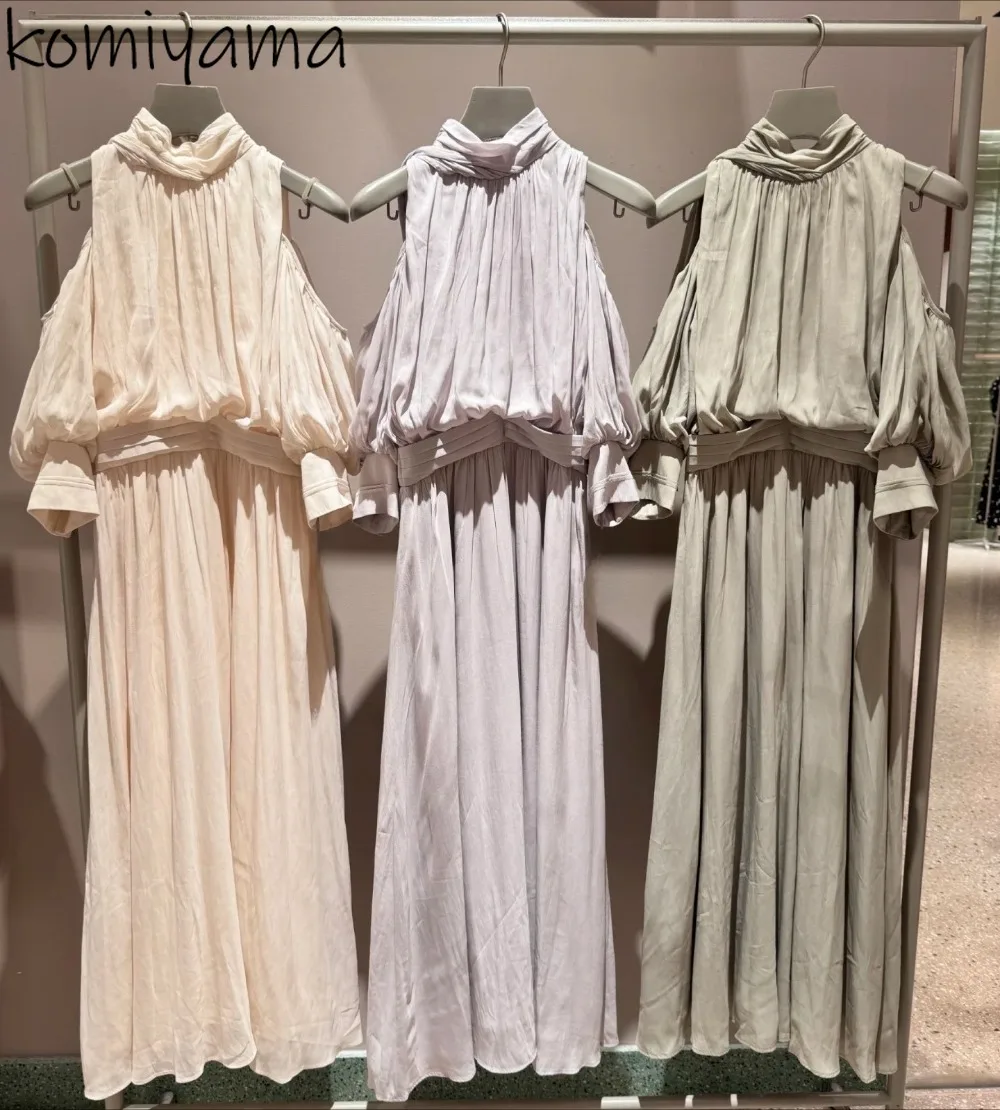 

2025 Stand Collar Tunic Woman Dress Off Shoulder Bubble Sleeve Vestidos JapanDresses New High Waist Pleated Robe Ropa Mujer