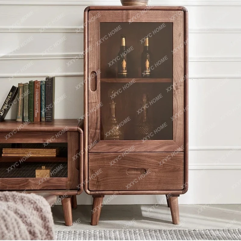 

black walnut solid wood wine cabinet light luxury glass display cabinet