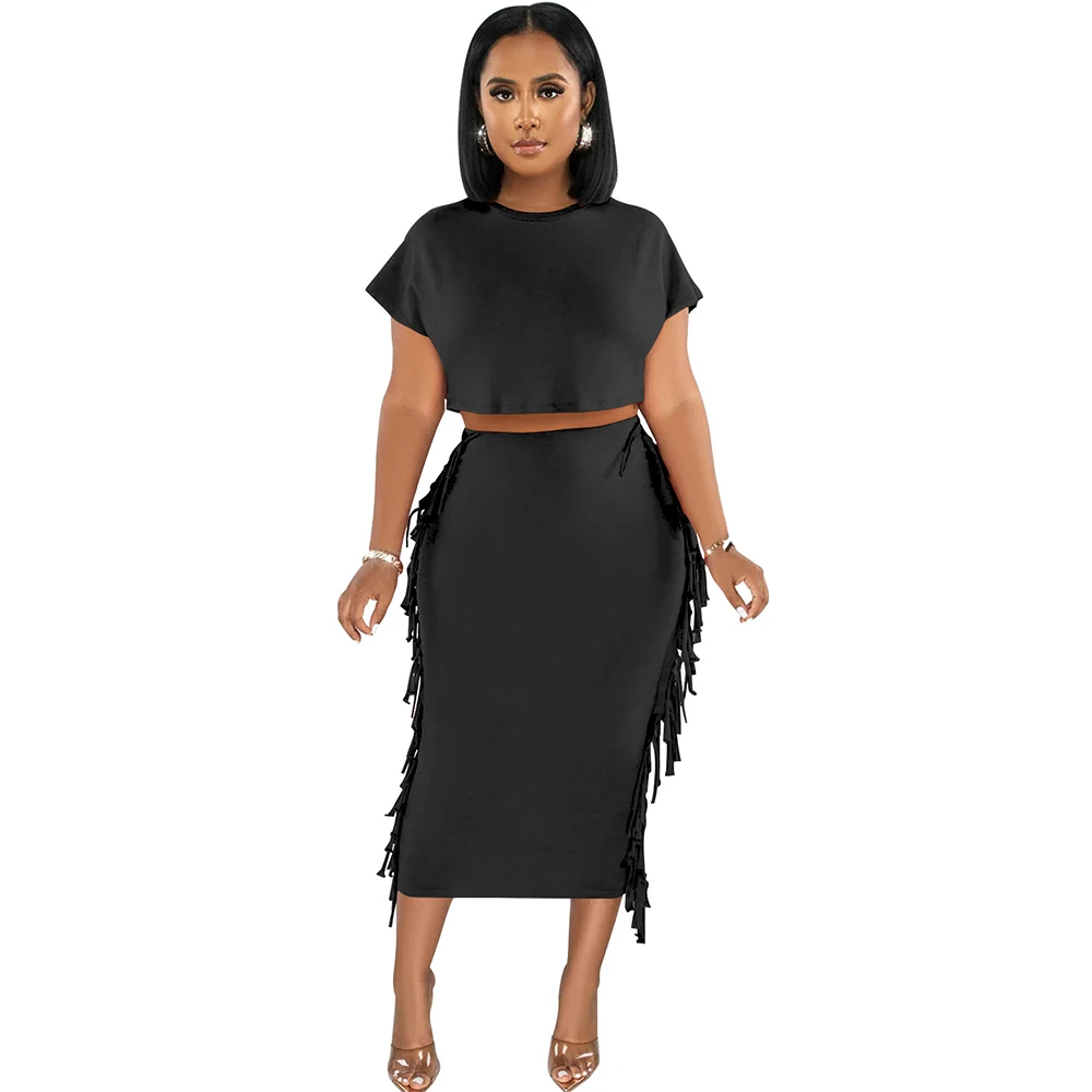 

Skirts Sets African Clothes Women T Shirt Crop Tops And Skirt Suit Summer New Solid Tassel Fashion Outifts African Two Piece Set