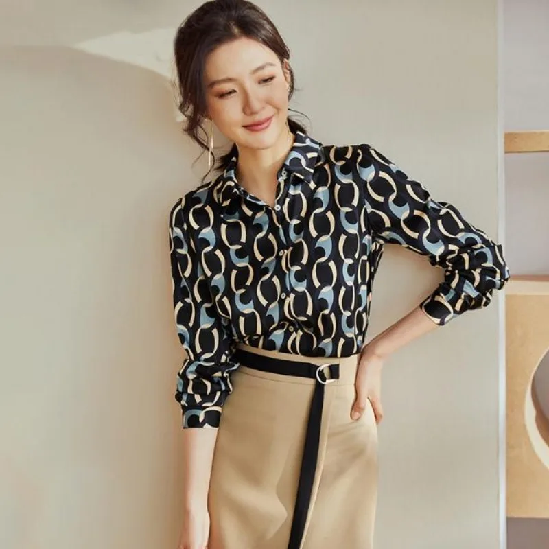 

Атласная рубашка с цветочным принтом, женская темпераментная рубашка для поездок на работу, топ с длинными рукавами