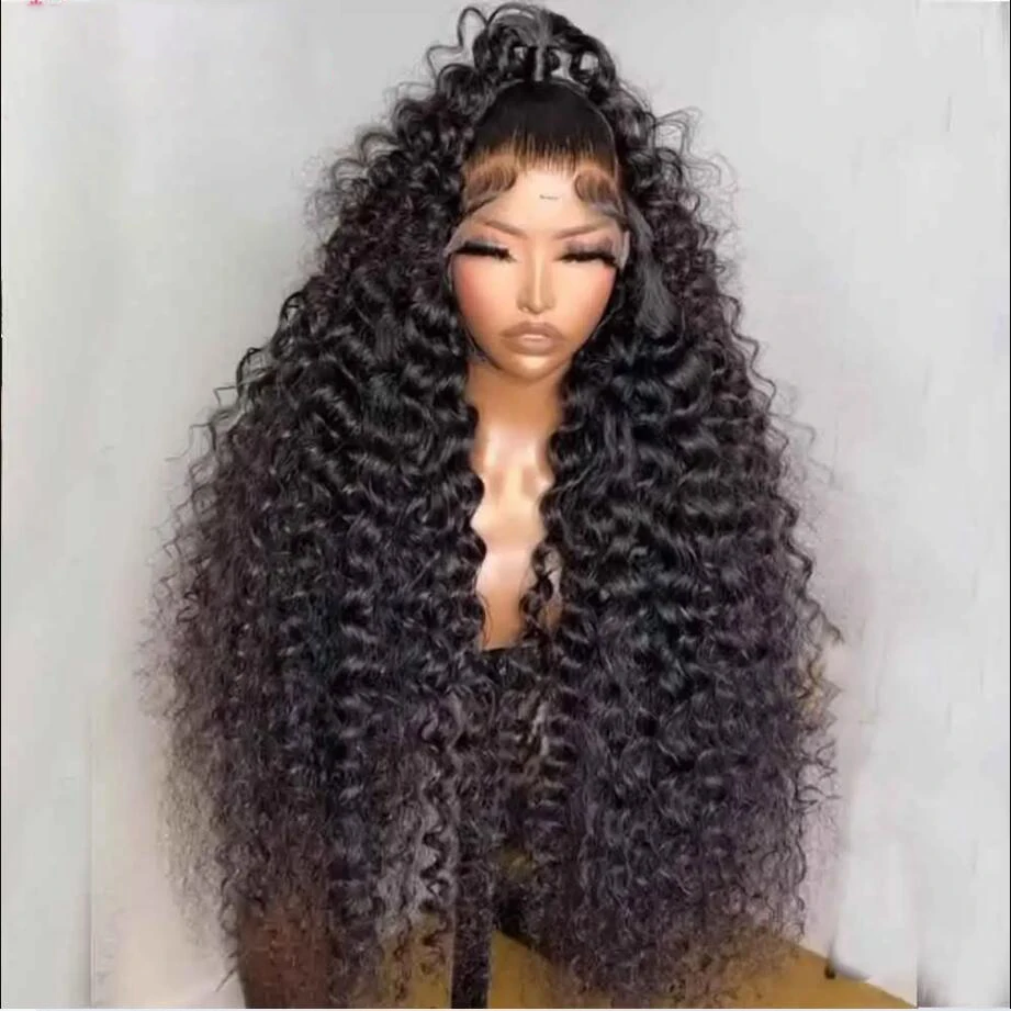 Peruca longa Kinky Curly Lace Frontal para mulheres negras, preto natural, cabelo macio do bebê, densidade de 180%, pré-arrancadas, sem cola, 26 Polegada