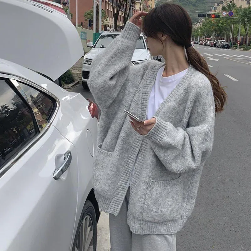 

Lucyever Gray Sweater Cardigan for Female Harajuku Lazy Style Soft Knitted Cardigans Women Casual All-Match Loose Knitwear Coat