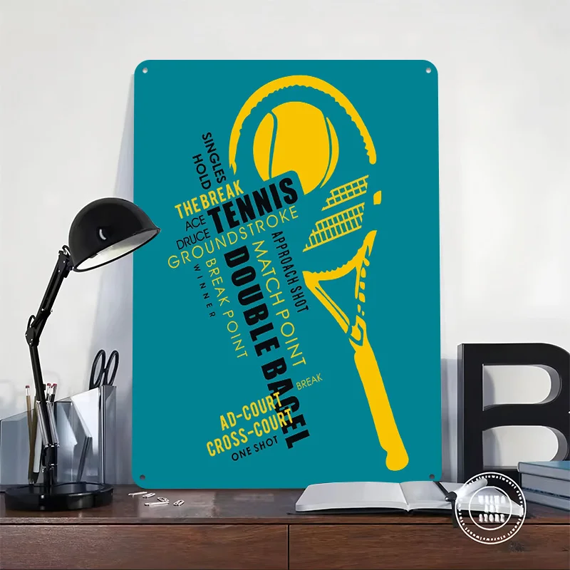 Tennis Racket Word Art Metal Poster Custom Wall Art Retro Vintage Tinplate Signs for Man Cave Office Decor Decoration Gaming