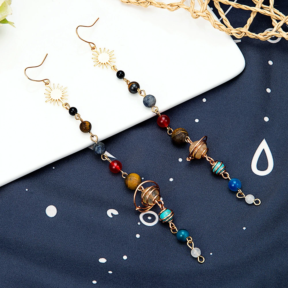 Handmade Crystal Earth Saturn Cosmic Sun Earrings For Women Girl Party Natural Beads Planet Drop Dangle Earrings Jewelry Gifts