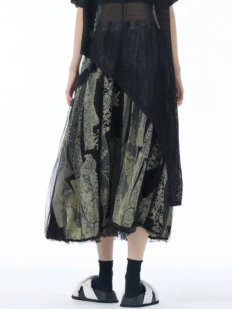 High Elastic Waist Black Apricot Mesh Lace Pattern Midi Half-body Skirt Women Fashion Tide New Spring Autumn