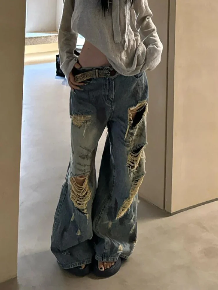 

Джинсовые брюки в стиле ретро с американской талией, окрашенные в грязью, широкие джинсы с высокой талией для женщин, уличные длинные брюки Aalyptic