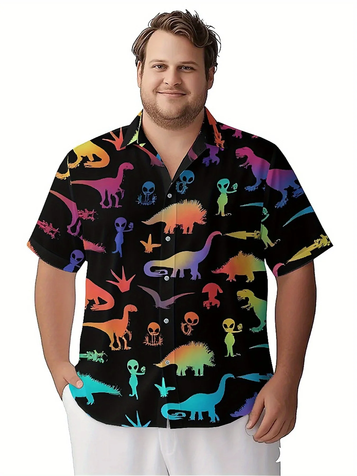 قمصان هاواي للرجال مقاس كبير بنمط الديناصورات والأجانب بألوان قوس قزح، قمصان صيفية غير رسمية، مناسبة للحفلات الخارجية، ملابس الشارع