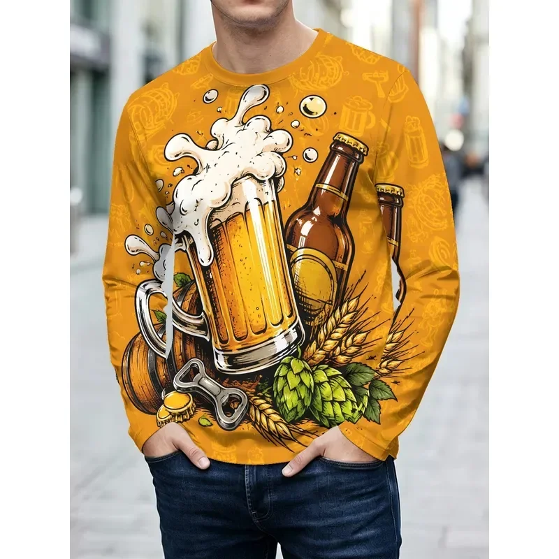 3D Printed Casual Long Sleeve Men T Shirt Orange Beer Glass Bottle Hop Wheat Pattern Large Area Digital Print Polyester