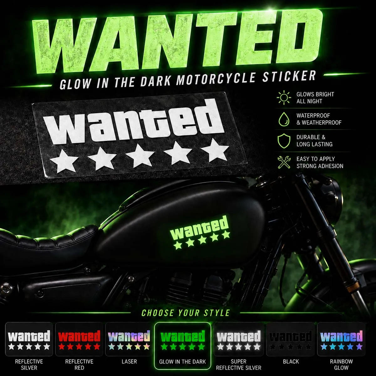 Glow In The Dark WANTED Text Motorcycle Stickers Moto Bike Helmet Side Box Body Laptop Luminous Decor Vinyl Decals Accessories