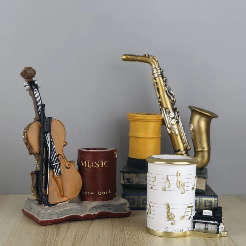 Creative Resin Pen Holder Piano Notes Violin Saxophone Shaped Home Office Desktop Light Luxury Art Decoration Storage Holder 1Pc