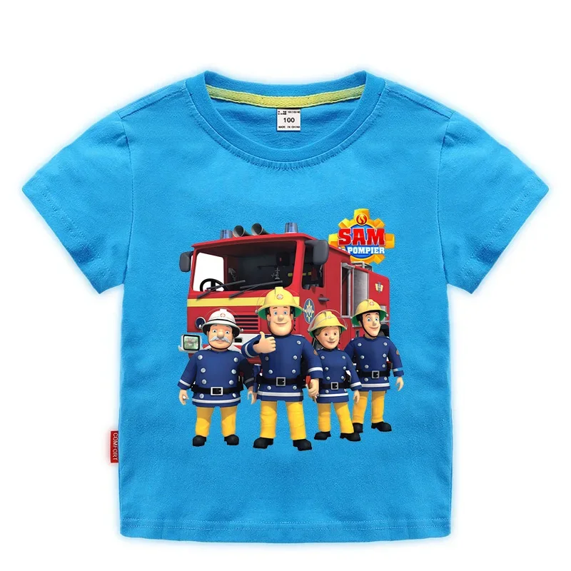 Children Cartoon Fireman Sam Print Cotton T-shirts for Boy Shirt Girl Short Sleeve Tee Top Clothes Kids Clothing Unisex 2-10Year