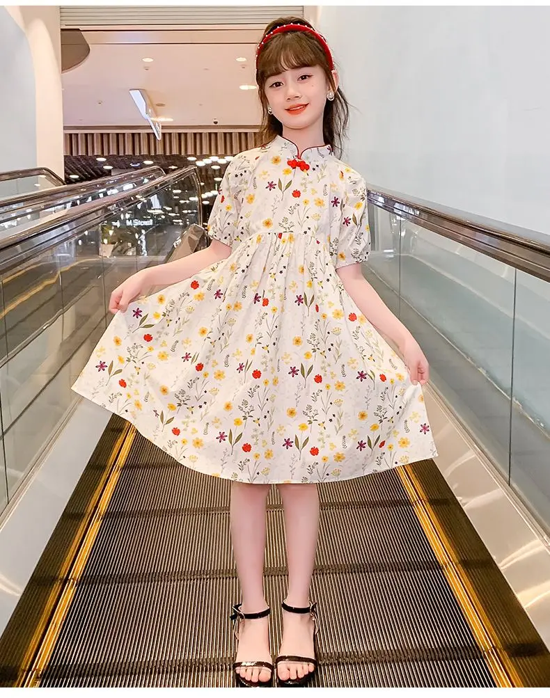 Girls Cheongsam Dress Summer 2026 New Kids China Style Middle Big Kids Stylish Cotton Floral Dress