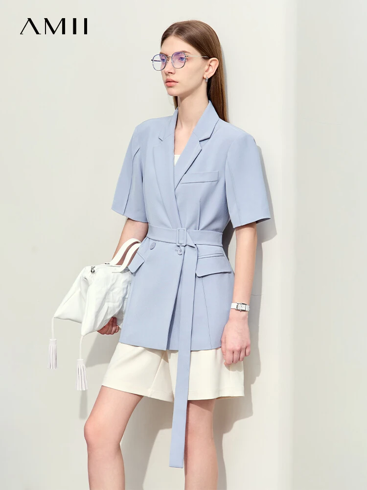 

Amii Minimalism 2024 Summer New Notched With Belt Short-sleeve Blazer For Women Trendy Blouses Formal Professional Wear 12442050