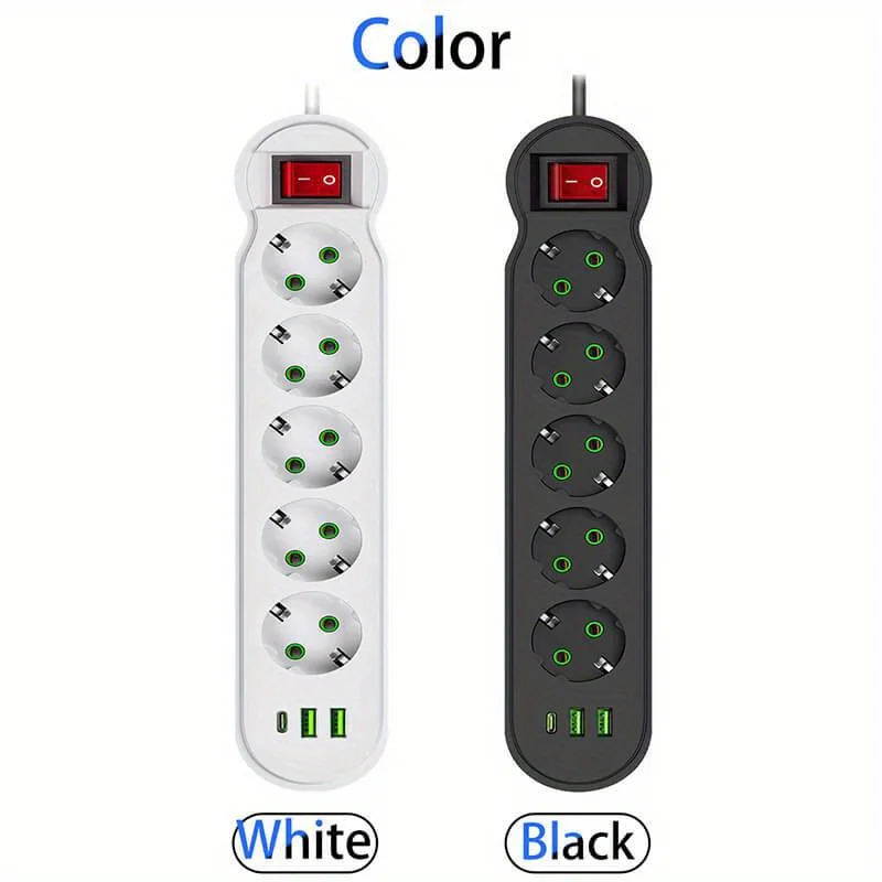 EU Plug Power Strip 2/3/4/5 Outlet Multitap Extension 10A with 2 USB 1 Type-C Ports 2m Cord Electrical Socket 2500W Fast Charge