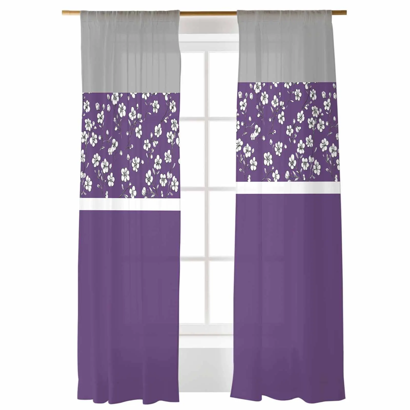 

Classic Purple Gray Floral Pattern Floral Pattern Stitching Art Voile Sheer Printed Window Tulle Curtains for Home Living Room