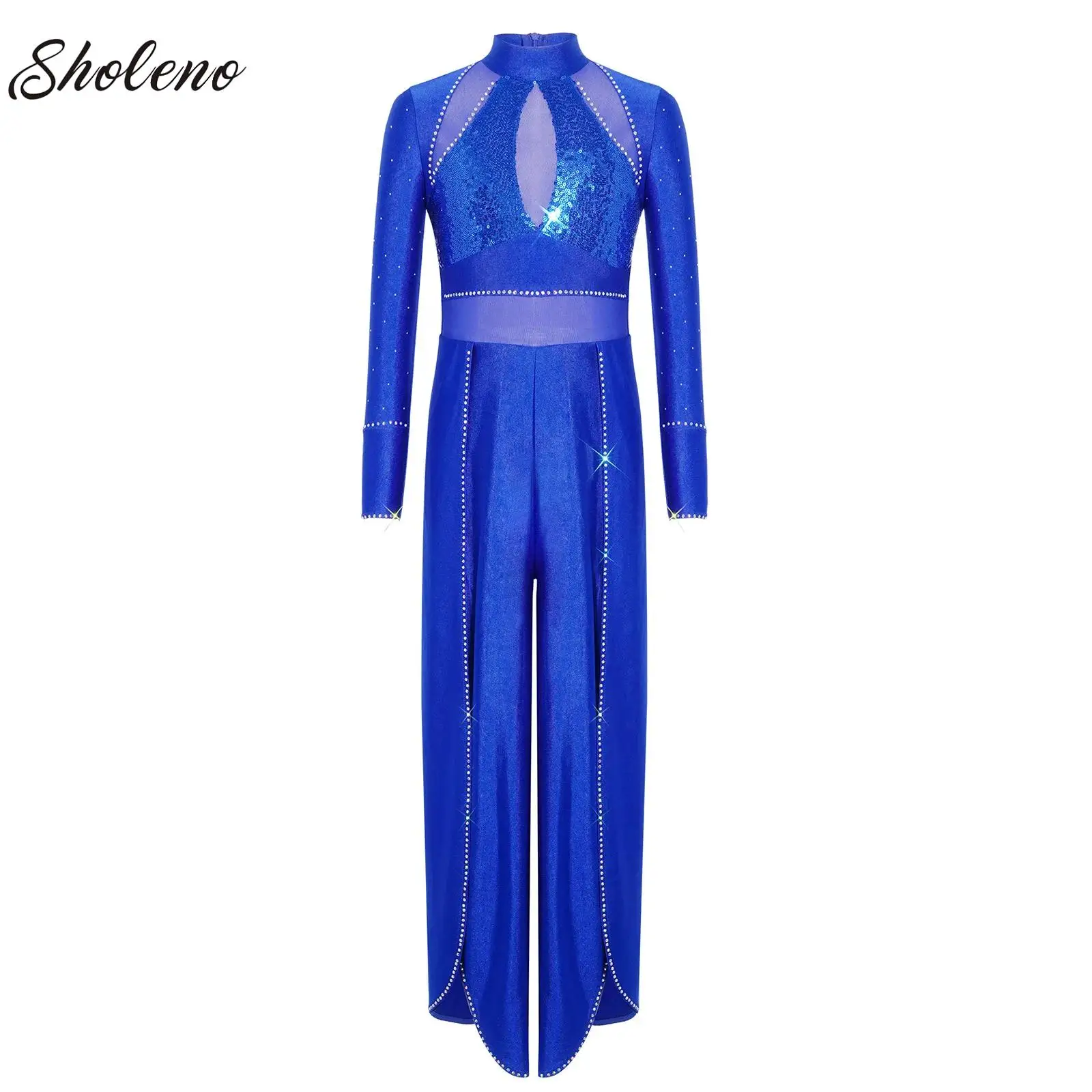 

Shiny Rhinestones Figure Skating Dance Jumpsuit for Girls Kids Lyrical Ballet Modern Performance Costume Sequins Split Jumpsuit